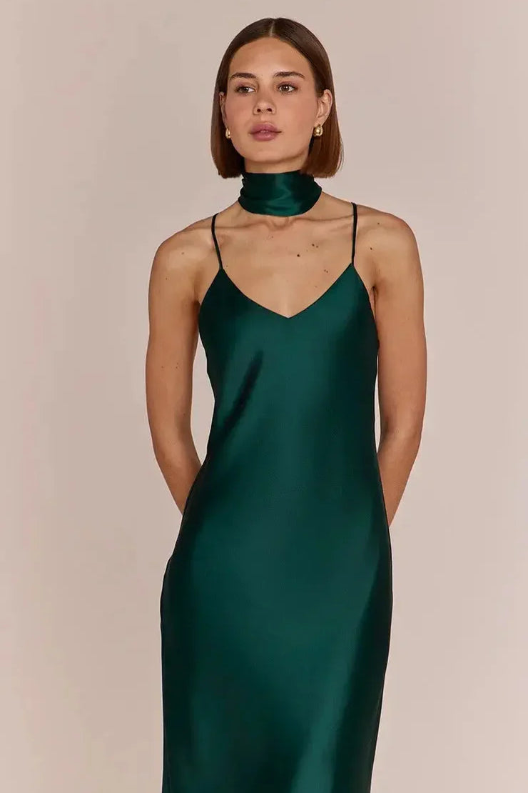 women model in Brooklyn-strappy-slip-satin-bridesmaids-occasion-dress-dark-forest-green