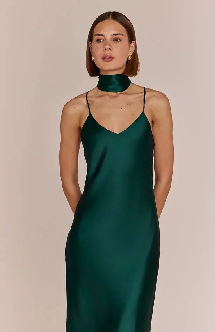 women model in Brooklyn-strappy-slip-satin-bridesmaids-occasion-dress-dark-forest-green