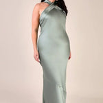 Woman wearing a neck halter cross REWRITTEN Roma Bridesmaid Dress - Sage Green Satin