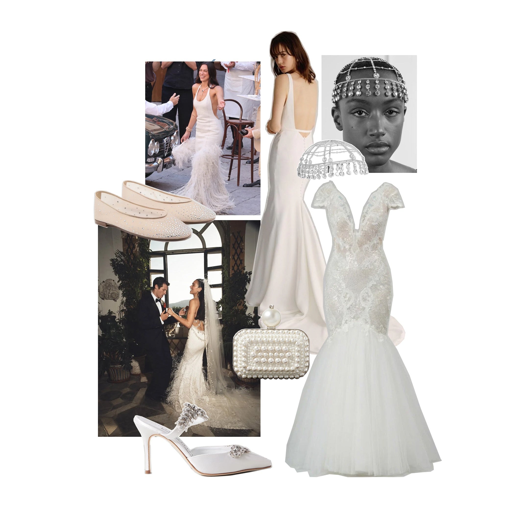 Bridal mood board of ivory gowns, pearl heels, a pearl clutch and jewelled headpiece