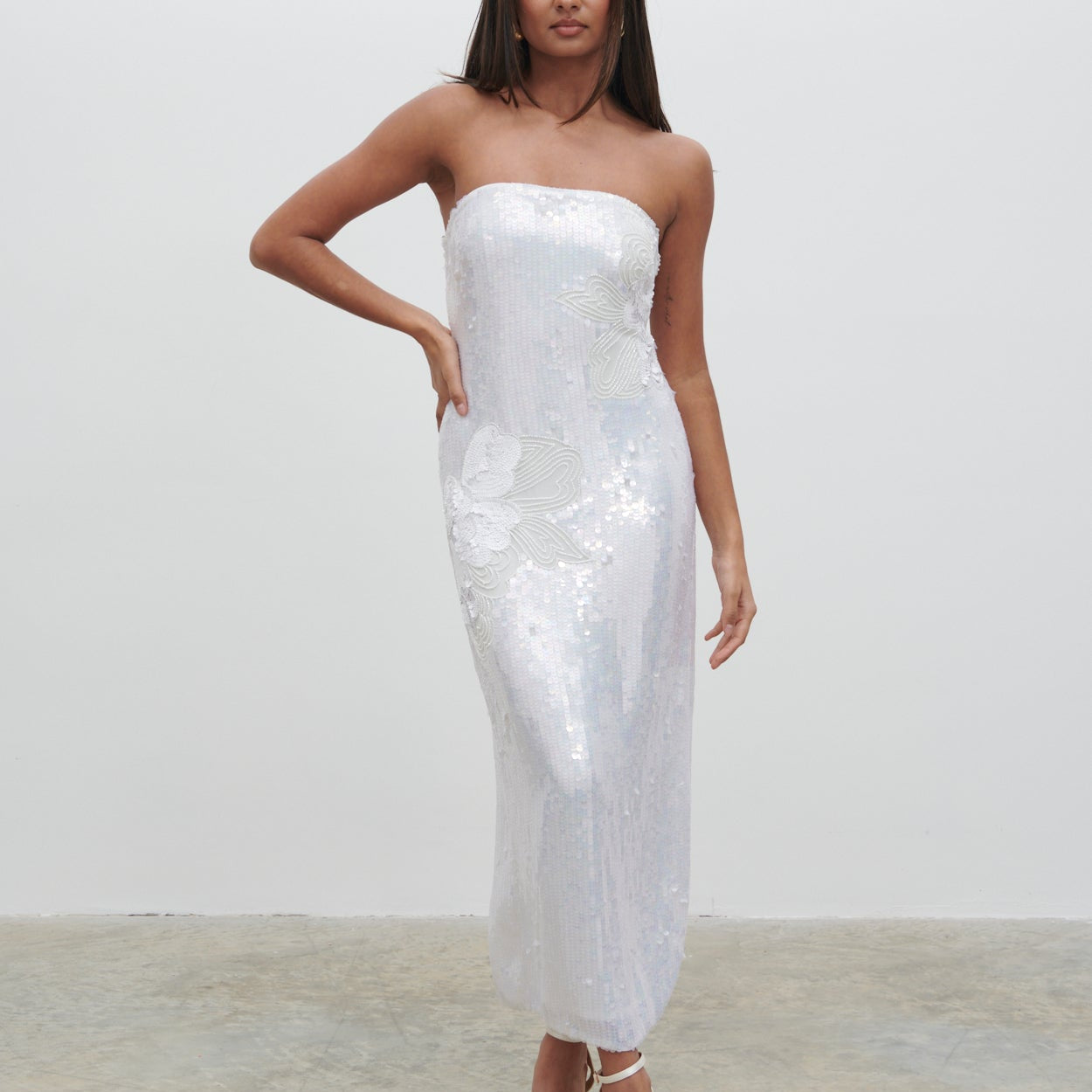 Menton floral sequin midaxi dress, available to rent from Something Borrowed for weddings in Newcastle