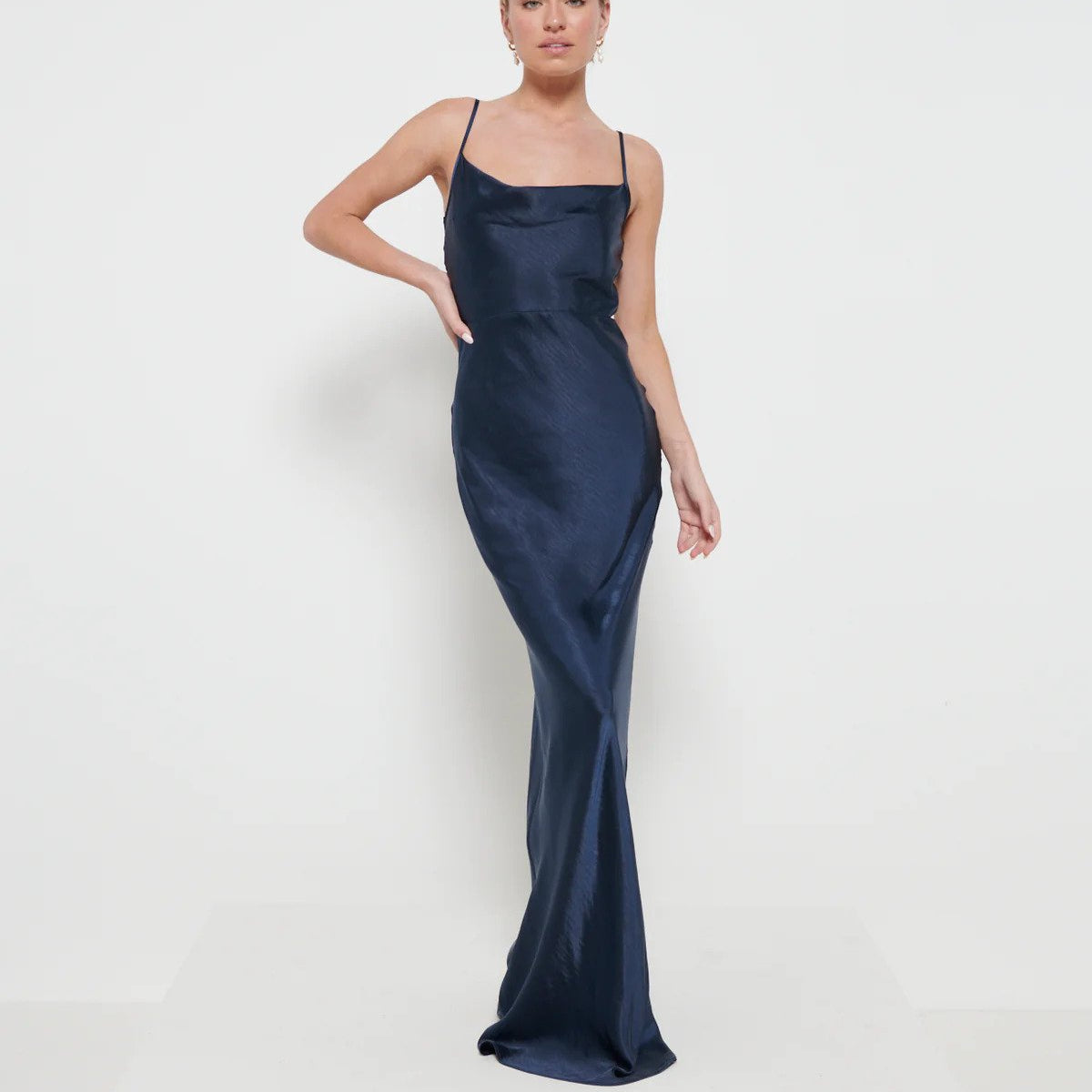 Keisha Maxi Bridesmaid Dress in navy, available to rent at Something Borrowed