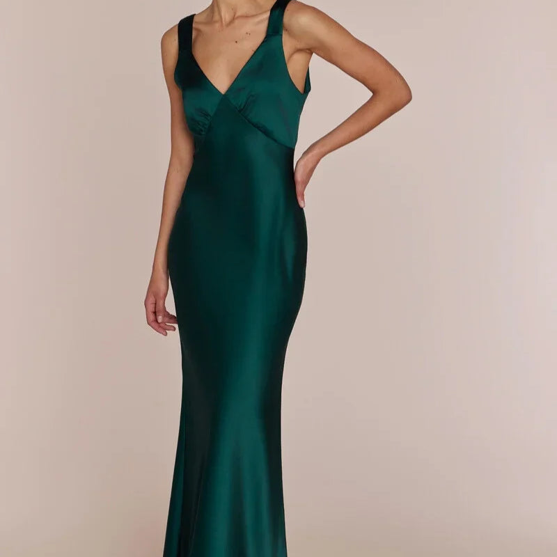 Amelia bridesmaid dress in forest green satin, available to rent at Something Borrowed