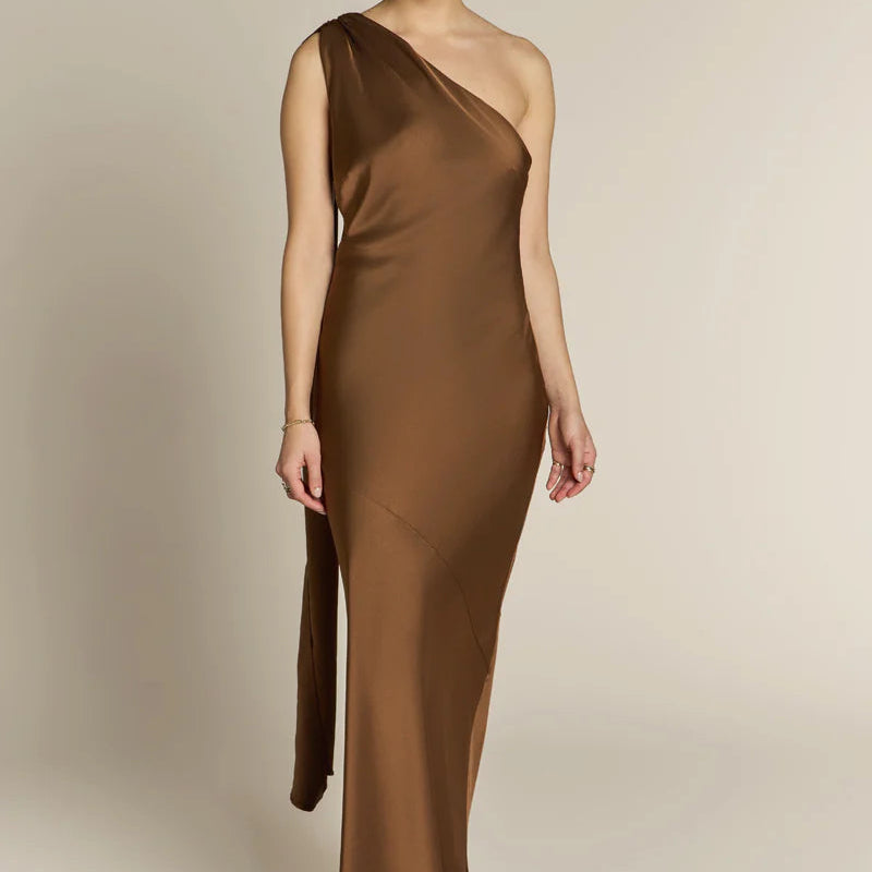 Raye One Shoulder Bridesmaid Dress in chocolate brown, available to rent at Something Borrowed
