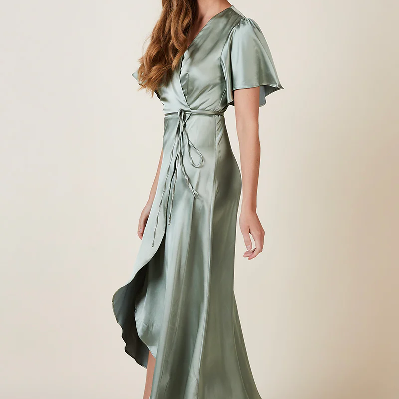 Florence Waterfall Bridesmaid Dress in sage green, available to rent at Something Borrowed