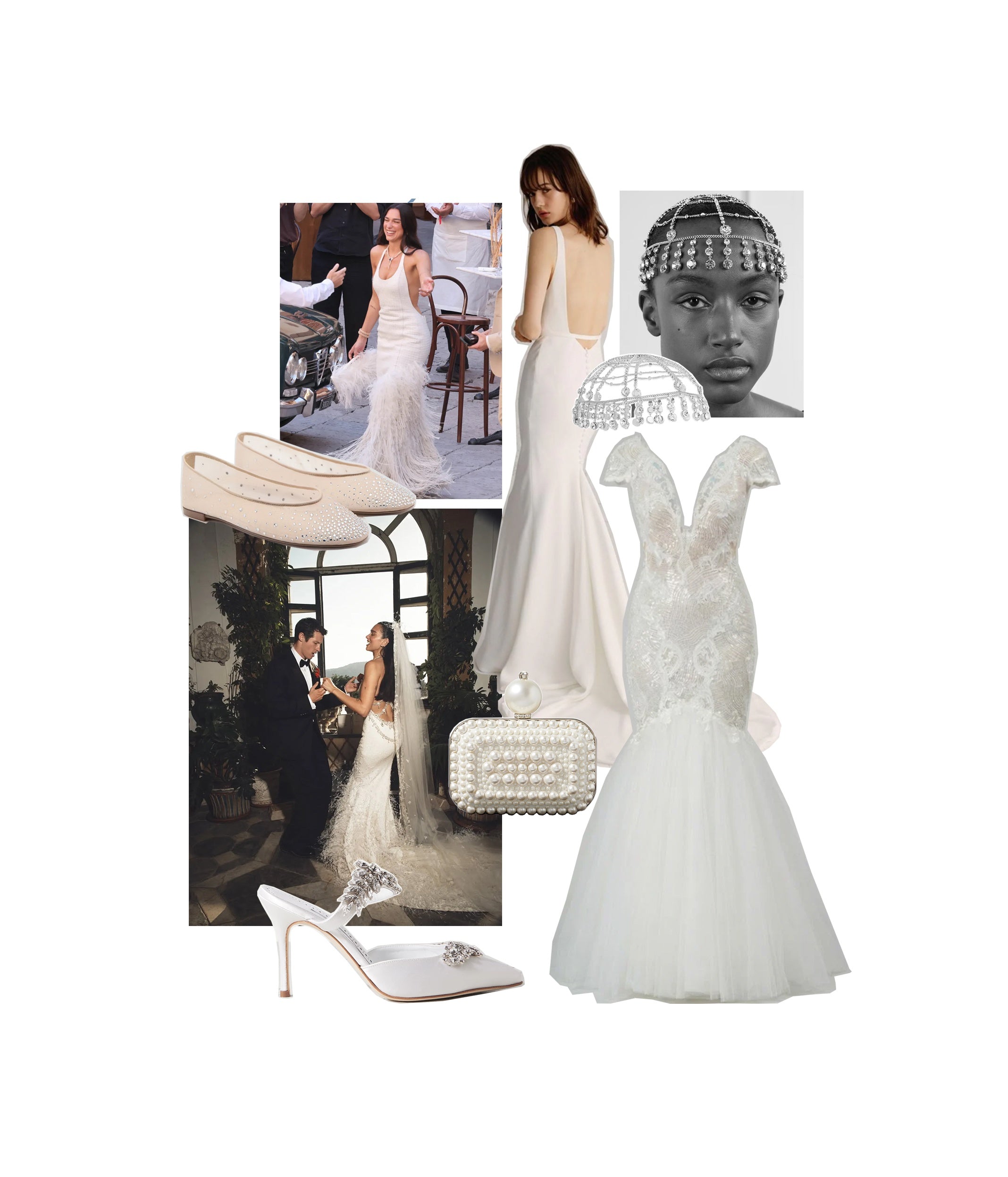 Collage of bridal accessories and looks