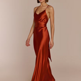 Elegant bridesmaid wearing REWRITTEN Brooklyn Bridesmaid Dress in Burnt Orange