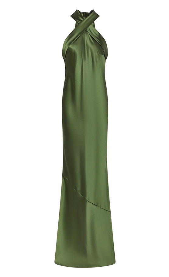 REWRITTEN Roma Bridesmaid Dress in Olive Green Satin Something Borrowed REWRITTEN Roma Bridesmaid Dress in Olive Green Satin Something Borrowed