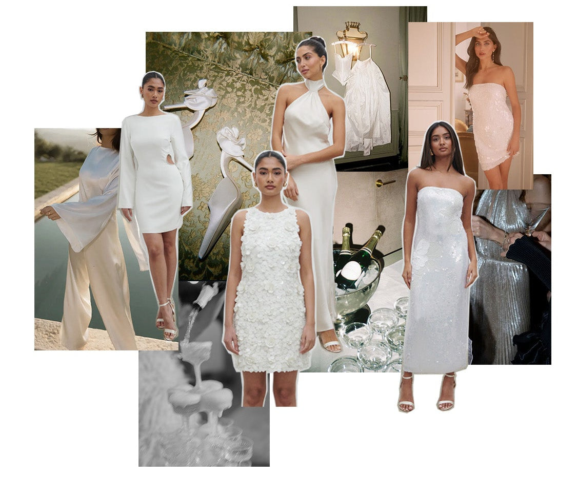 A collage of multiple fashion photos showing women wearing white and ivory dresses, with the text 'The Sweet Dress' centered below on a white background.