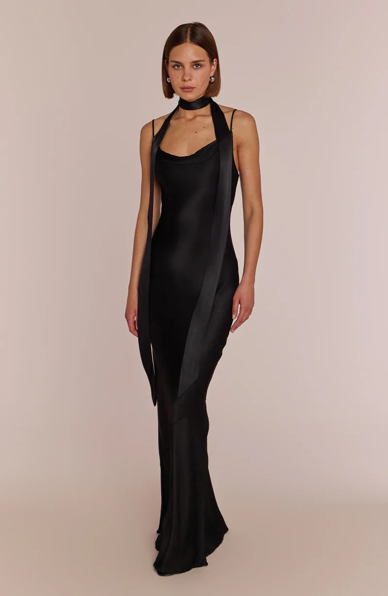 pollenca dress in terracotta satin product info and reviews Pollenca Cowl Neck Bridesmaids Dress in Terracotta Satin