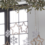 Gold Hanging Hoop Decoration with Mistletoe and Wooden Hanging Snowflakes and Stars- 5 Inner Pack
