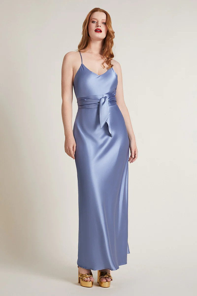 Model wearing a Sky Blue satin bridesmaid dress with thin spaghetti straps and a V-neckline, available for hire from Something Borrowed Rent.
