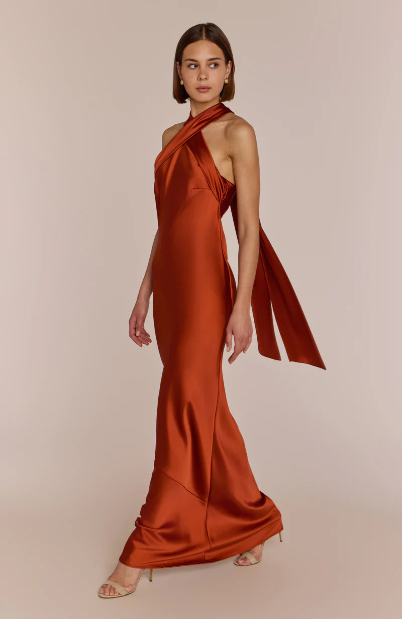 burnt orange silk dress MAMIII DRESS- L Yes Models Dress Size self-portrait - Burnt Orange Satin