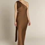 REWRITTEN Raye One Shoulder Dress in Chocolate Brown