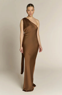 REWRITTEN Raye One Shoulder Dress in Chocolate Brown