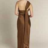 REWRITTEN Raye One Shoulder Dress in Chocolate Brown