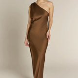REWRITTEN Raye One Shoulder Dress in Chocolate Brown