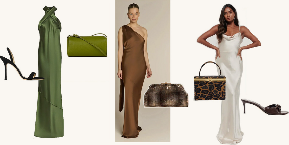 A fashion collage showing three coordinated outfits on a light gray background: an olive green halter maxi dress with matching clutch and black strappy heels, a brown one-shoulder satin gown with a brown clutch, and a white satin slip dress with a leopard-print handbag and dark brown heels.