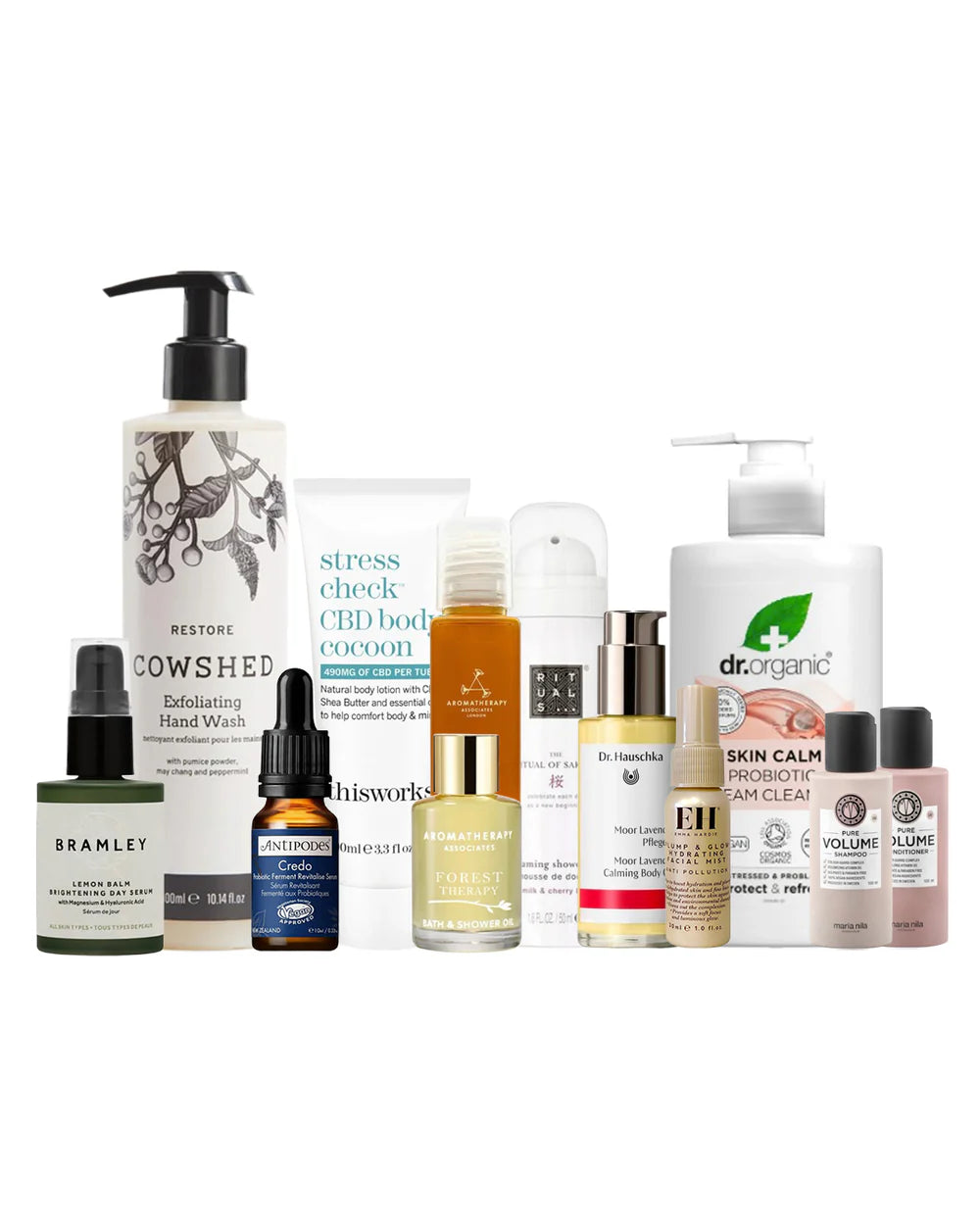 Collection of various skincare and cosmetic products on a white background