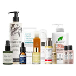 Collection of various skincare and cosmetic products on a white background