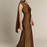 REWRITTEN Raye One Shoulder Dress in Chocolate Brown