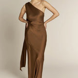 REWRITTEN Raye One Shoulder Dress in Chocolate Brown