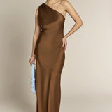 REWRITTEN Raye One Shoulder Dress in Chocolate Brown