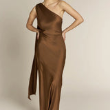 REWRITTEN Raye One Shoulder Dress in Chocolate Brown