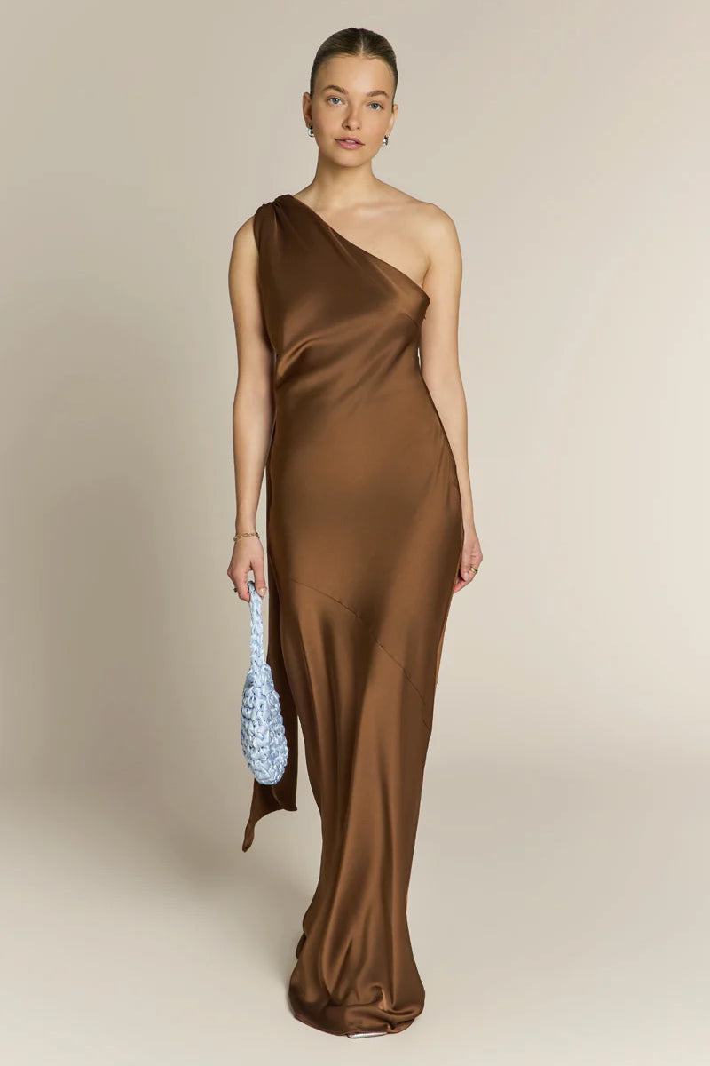 REWRITTEN Raye One Shoulder Dress in Chocolate Brown