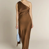 REWRITTEN Raye One Shoulder Dress in Chocolate Brown