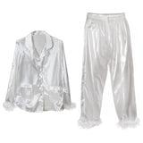 White Satin Pyjamas with Feather Trims - Large- 5 Inner Pack
