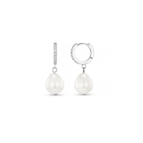 Pearl Drop Pavé Huggie Hoop Earrings - Silver