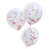 Double Layered White and Rainbow Confetti Balloon Bundle- 5 Inner Pack