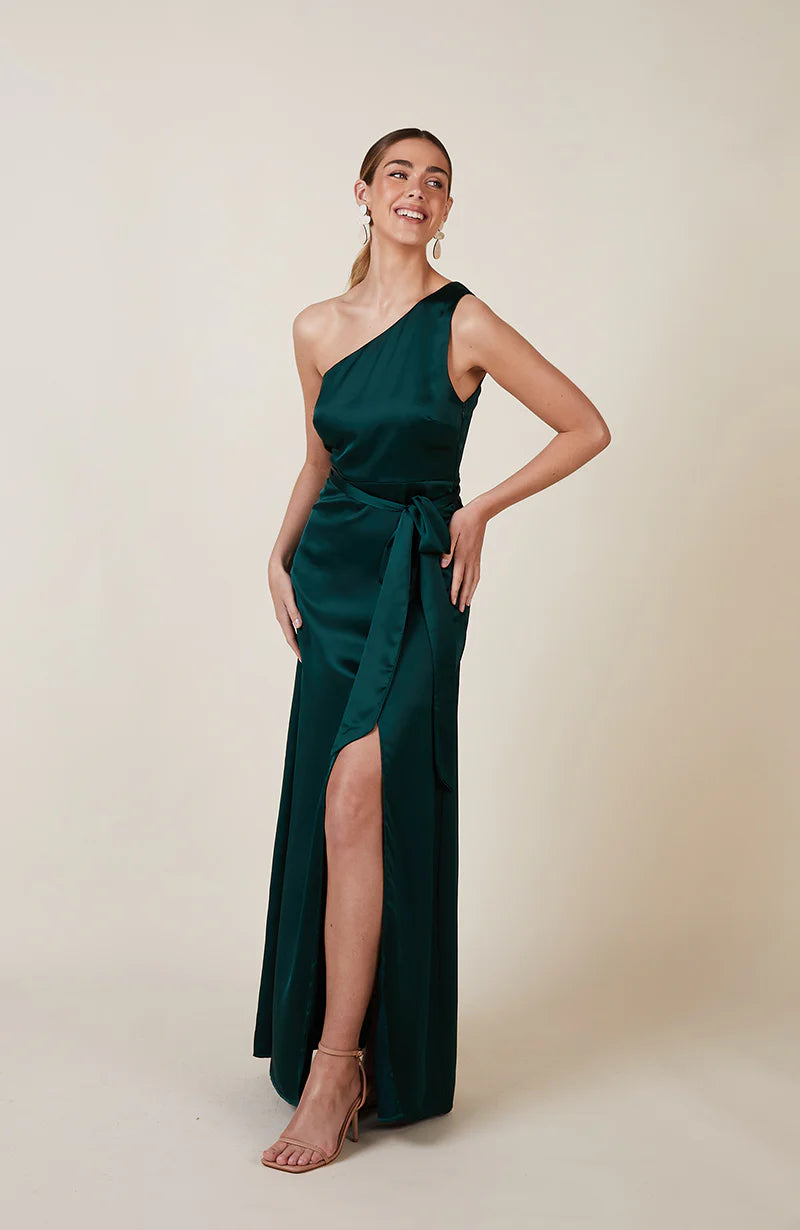 Porto bridesmaid dress in forest green satin, one shoulder with side split