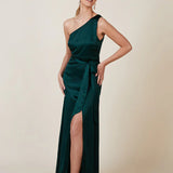 Porto bridesmaid dress in forest green satin, one shoulder with side split
