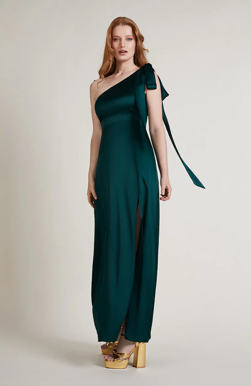 Porto bridesmaid dress in forest green satin with tie shoulder
