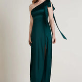 Porto bridesmaid dress in forest green satin with tie shoulder