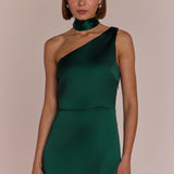 Porto bridesmaid dress in forest green satin, front detail