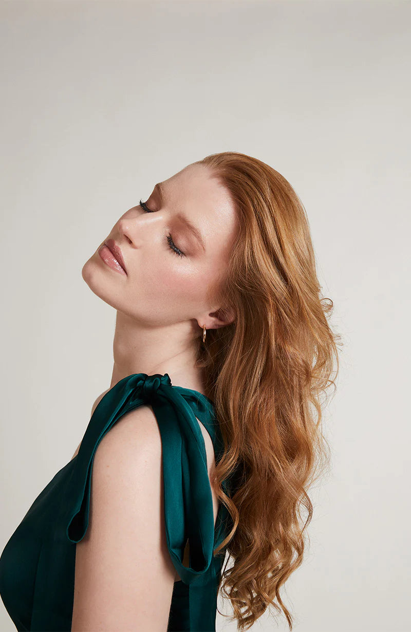 Porto bridesmaid dress in forest green satin, shoulder tie detail